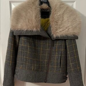 Banana Republic Gray Plaid Teddy Jacket with Faux Fur Collar